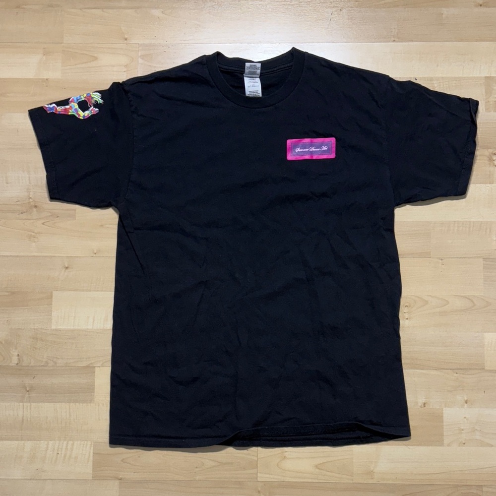 Gildan Black Tee with Pink Chest Patch and Colorful Sleeve